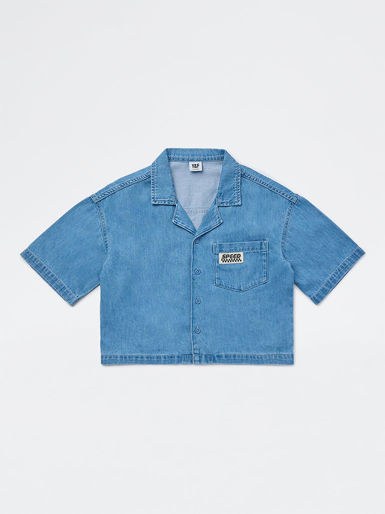 Girls Blue Text Design Denim Shirt