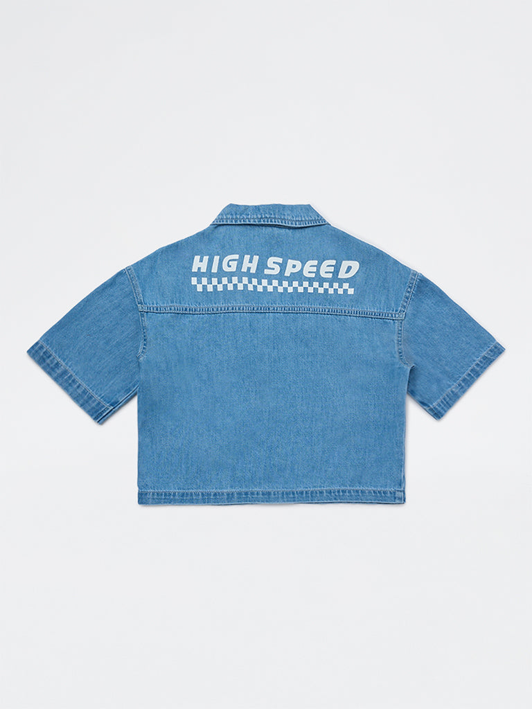 Girls Blue Text Design Denim Shirt