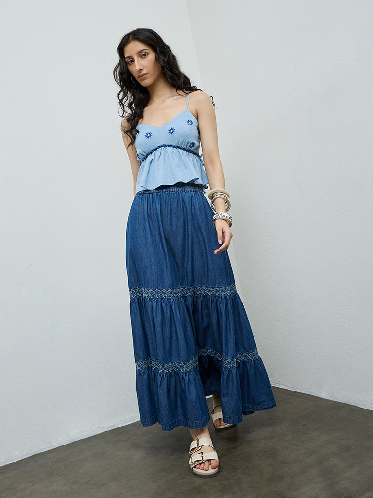 Bombay Paisley Blue Tiered Denim Skirt