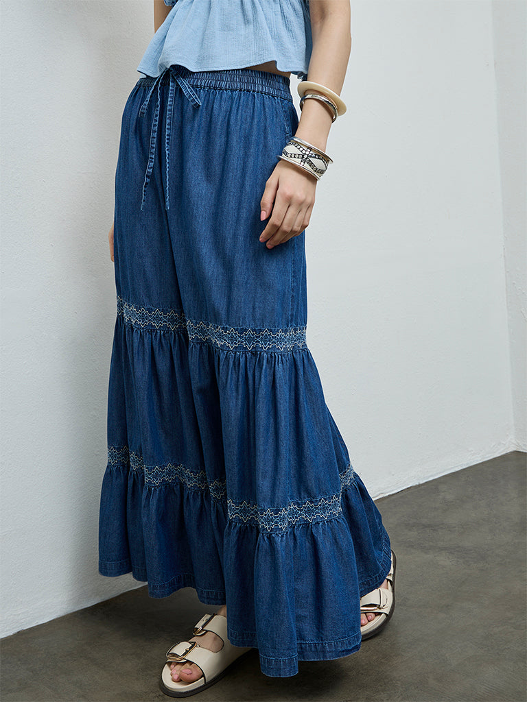 Bombay Paisley Blue Tiered Denim Skirt