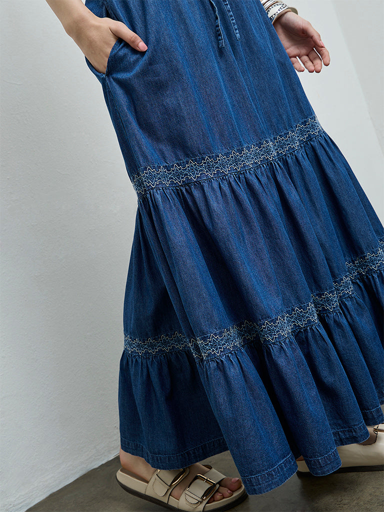 Bombay Paisley Blue Tiered Denim Skirt