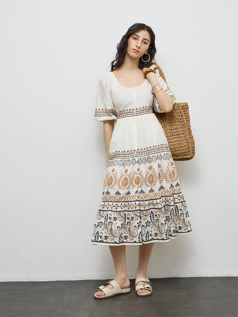 Bombay Paisley Off-White Printed Cotton A-Line Dress