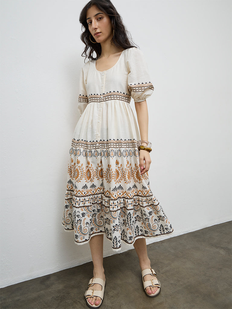 Bombay Paisley Off-White Printed Cotton A-Line Dress