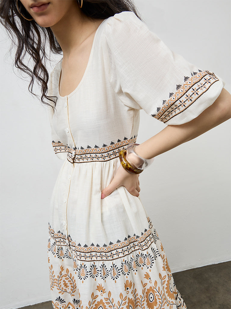 Bombay Paisley Off-White Printed Cotton A-Line Dress
