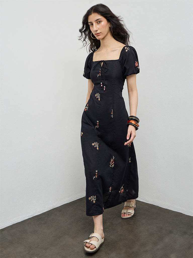 Bombay Paisley Black Embroidered Cotton A-Line Dress