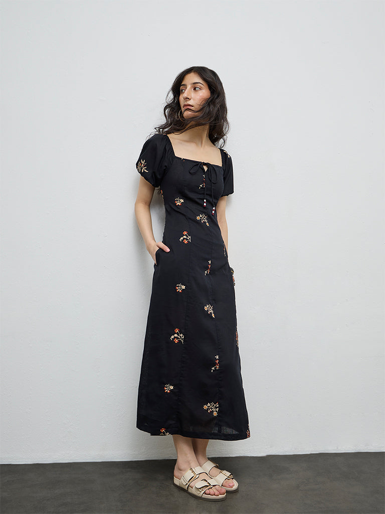 Bombay Paisley Black Embroidered Cotton A-Line Dress