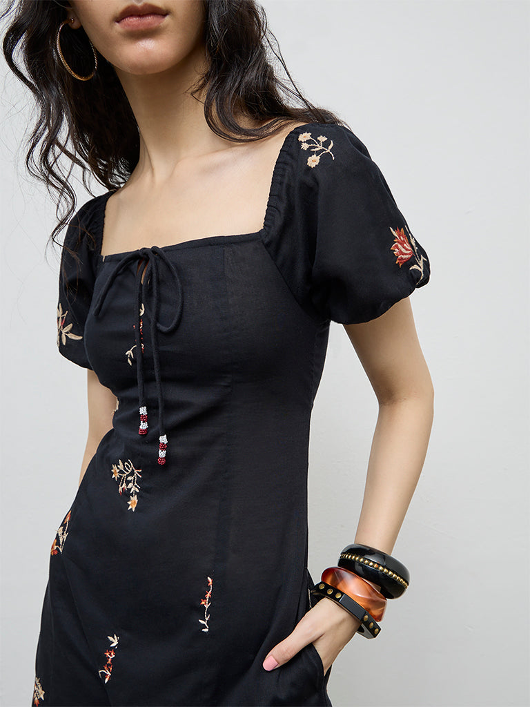 Bombay Paisley Black Embroidered Cotton A-Line Dress