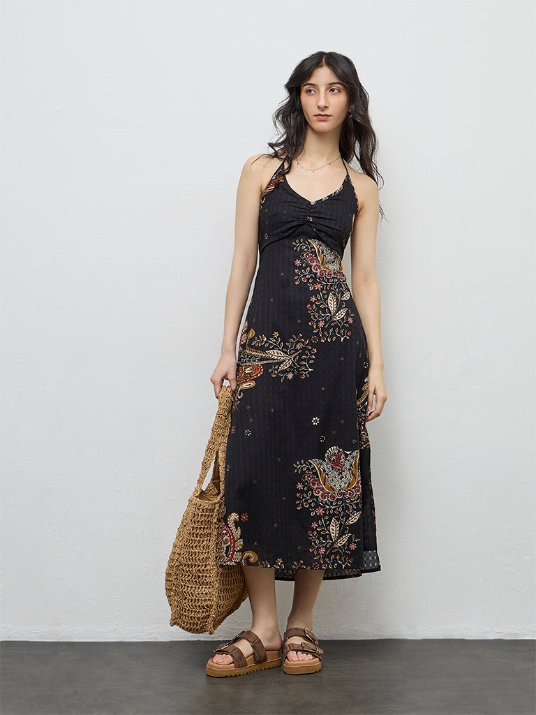 Bombay Paisley Black Floral Printed Cotton A-Line Dress