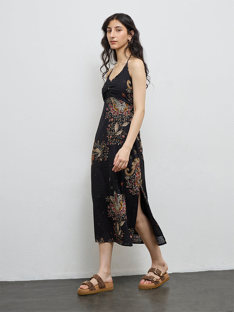 Bombay Paisley Black Floral Printed Cotton A-Line Dress
