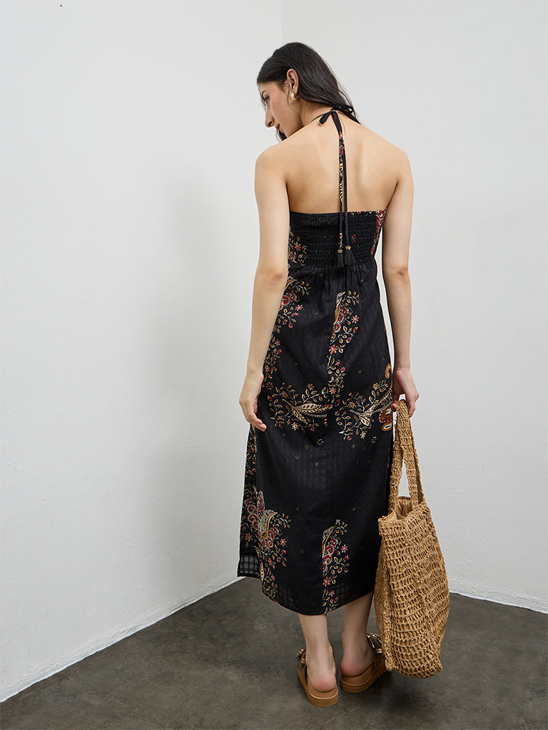 Bombay Paisley Black Floral Printed Cotton A-Line Dress