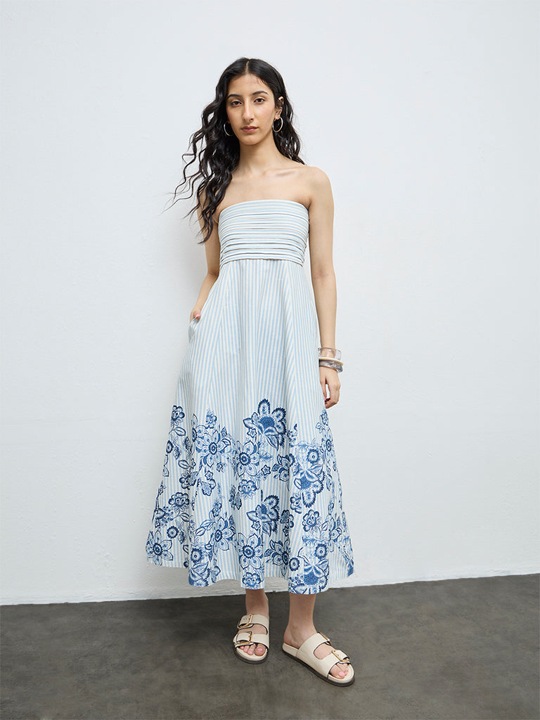 Bombay Paisley Blue Floral Design Off-Shoulder Cotton-Blend A-Line Dress