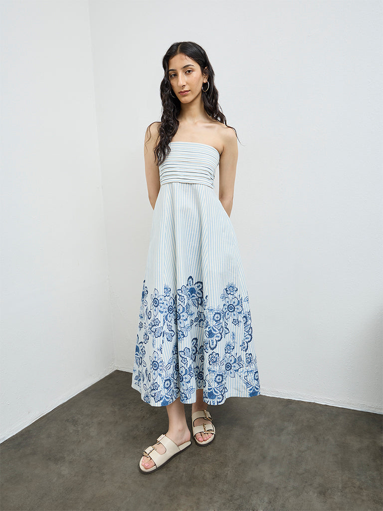 Bombay Paisley Blue Floral Design Off-Shoulder Cotton-Blend A-Line Dress