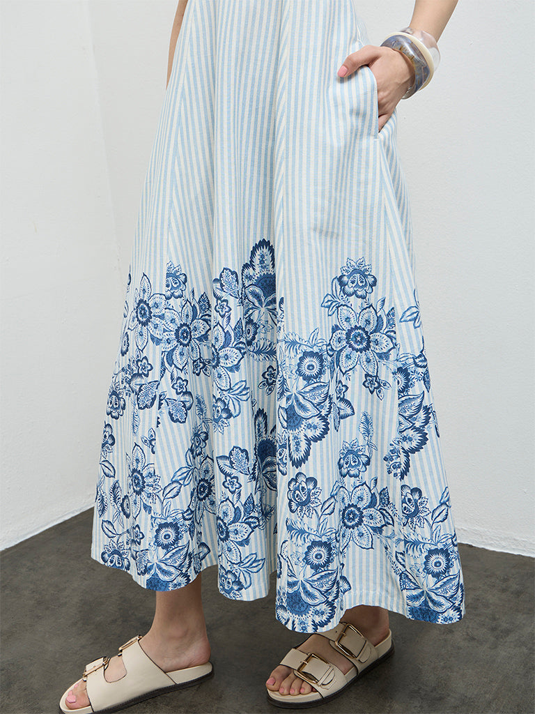 Bombay Paisley Blue Floral Design Off-Shoulder Cotton-Blend A-Line Dress