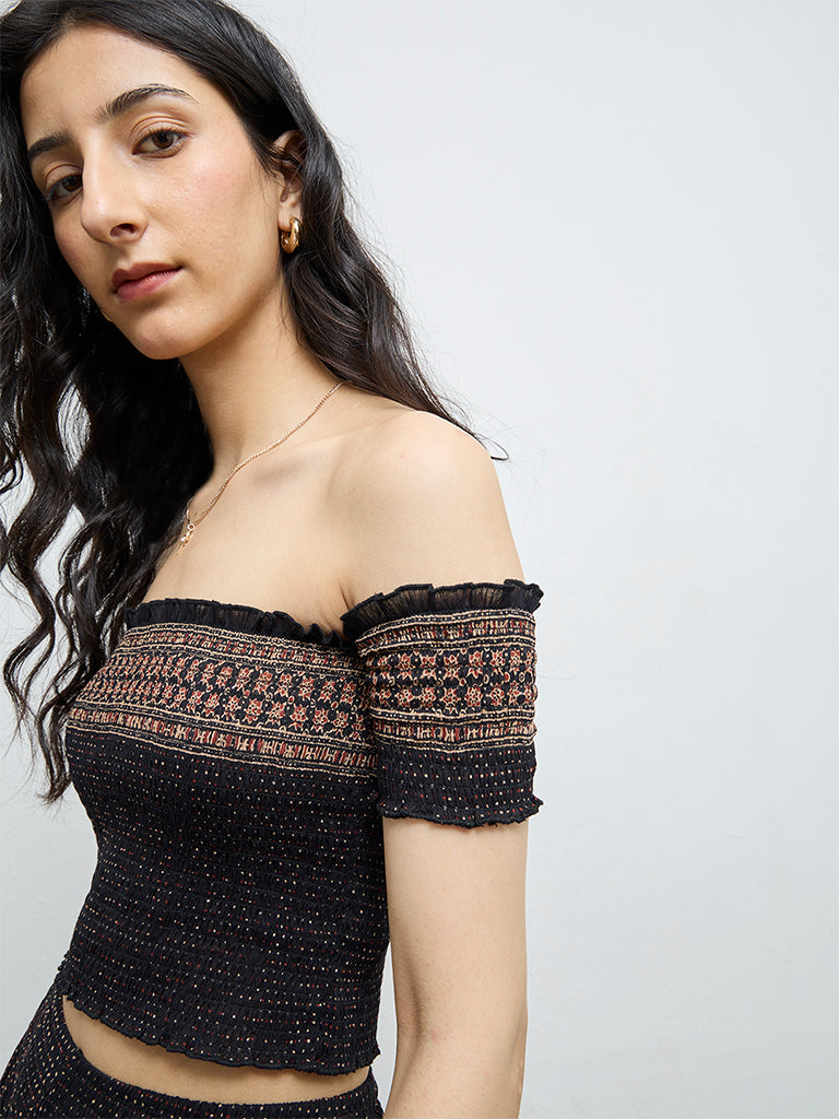 Bombay Paisley Black Badla Printed Smocked Cotton Top