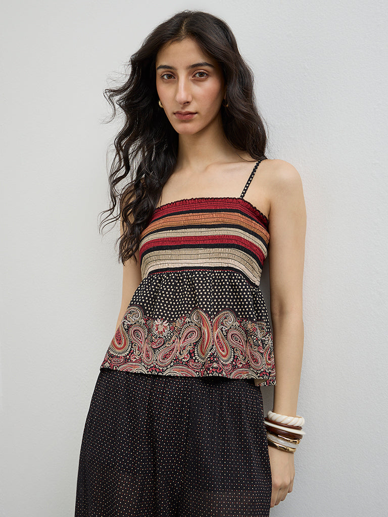Bombay Paisley Black Smocked Cotton Top