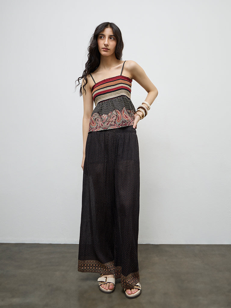 Bombay Paisley Black Smocked Cotton Top