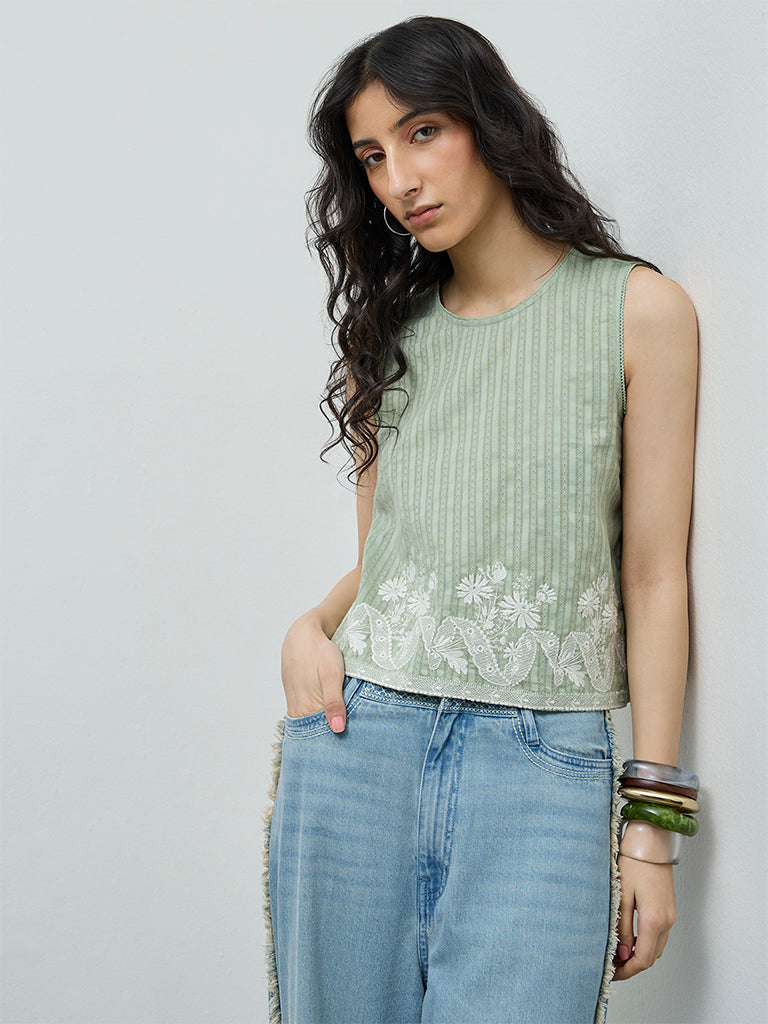 Bombay Paisley Sage Embroidered Cotton Top