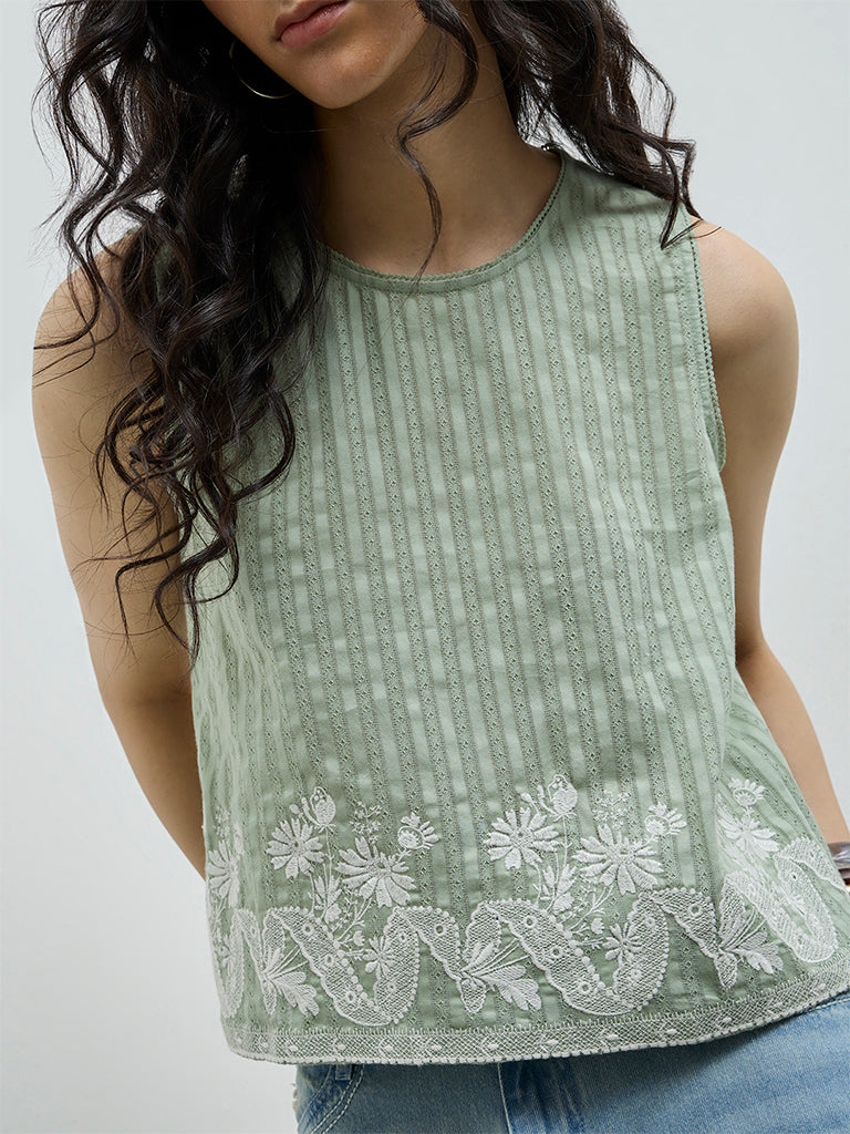 Bombay Paisley Sage Embroidered Cotton Top