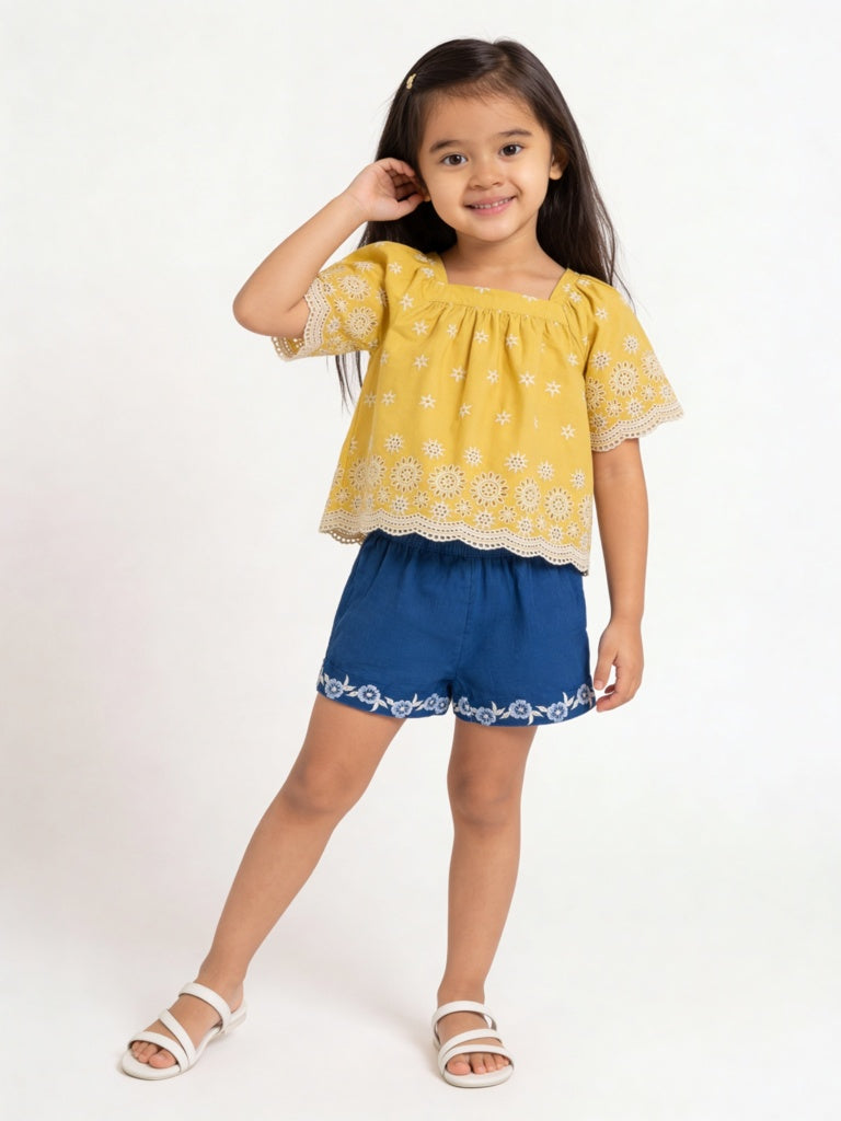 Utsa Kids Girls Indigo Embroidered Mid-Rise Cotton Shorts - (2-8 yrs)