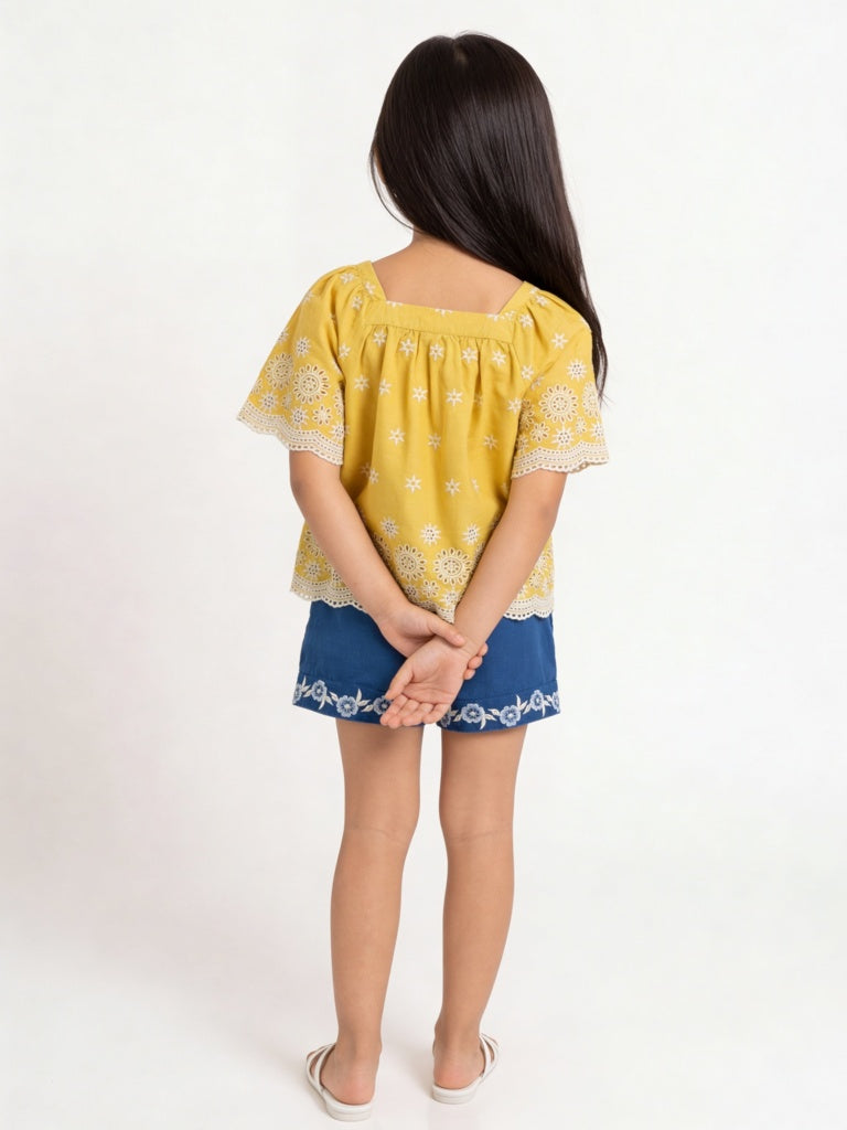 Utsa Kids Girls Indigo Embroidered Mid-Rise Cotton Shorts - (2-8 yrs)