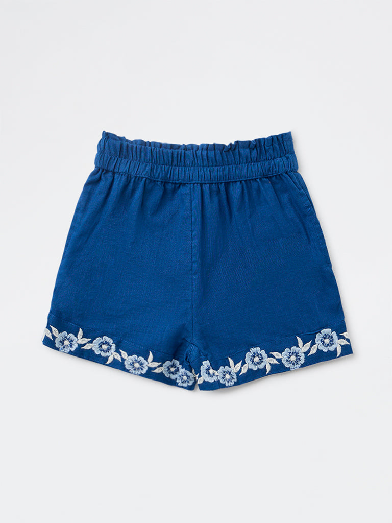 Utsa Kids Girls Indigo Embroidered Mid-Rise Cotton Shorts - (2-8 yrs)