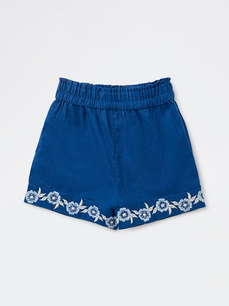 Utsa Kids Girls Indigo Embroidered Mid-Rise Cotton Shorts - (2-8 yrs)