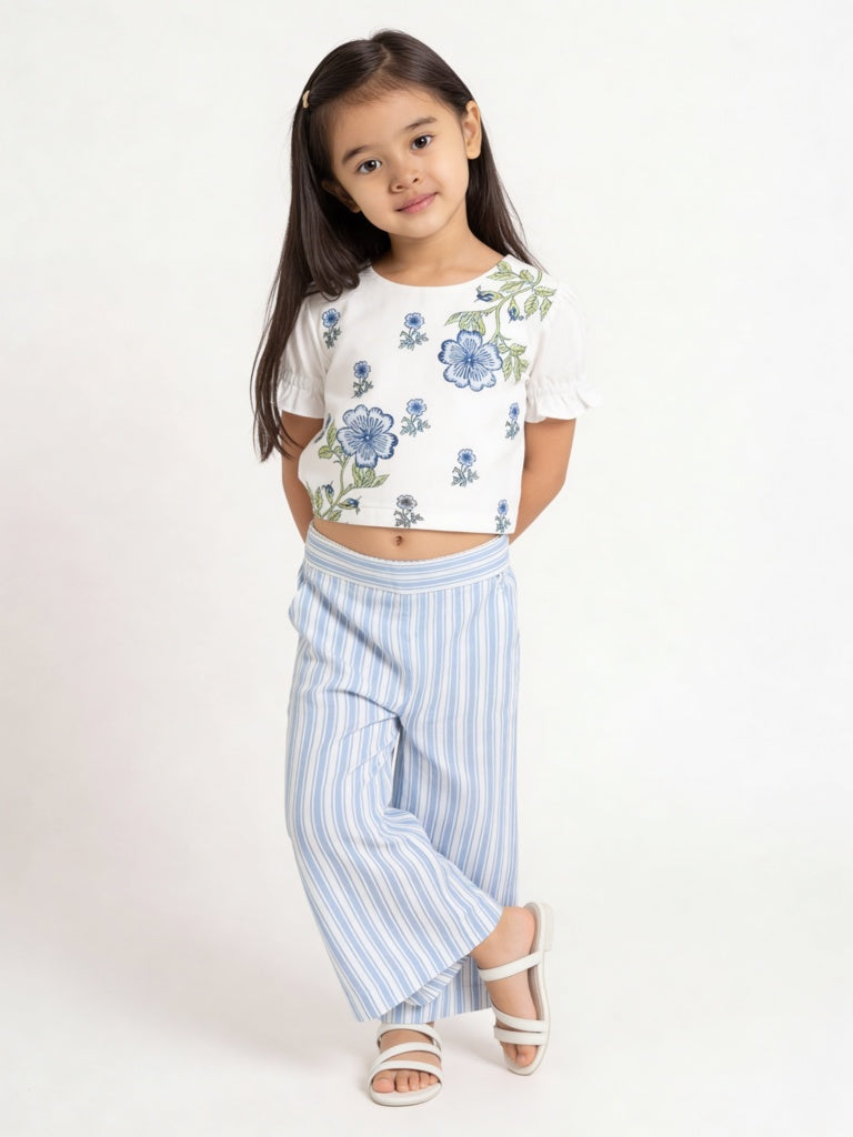 Utsa Kids Girls Light Blue Striped Mid-Rise Cotton-Blend Pants - (2-8 yrs)