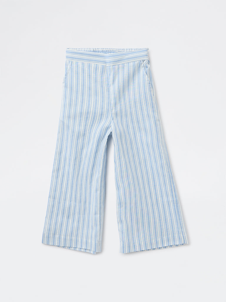Utsa Kids Girls Light Blue Striped Mid-Rise Cotton-Blend Pants - (2-8 yrs)