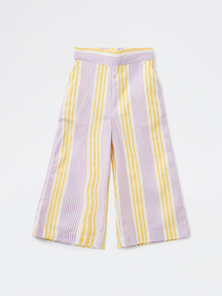 Utsa Kids Girls Lilac Striped Mid-Rise Cotton-Blend Pants - (2-8 yrs)