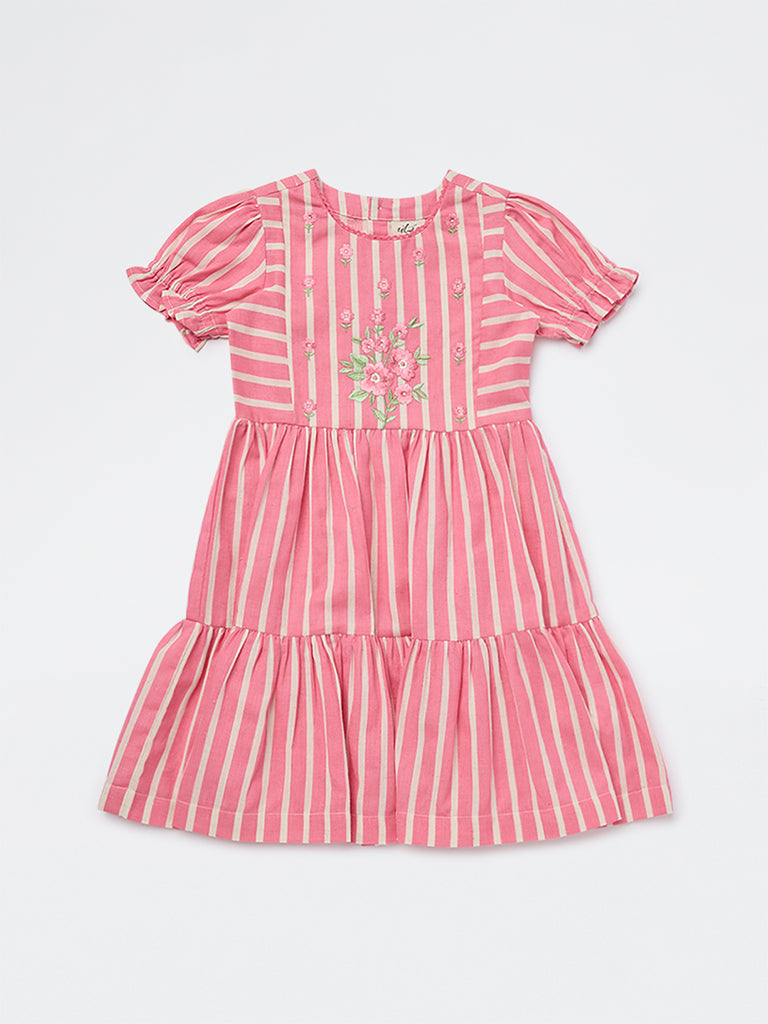 Utsa Kids Girls Pink Striped Tiered Cotton-Blend Dress - (2-8 yrs)