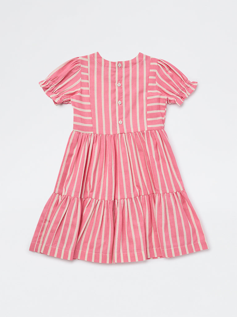Utsa Kids Girls Pink Striped Tiered Cotton-Blend Dress - (2-8 yrs)