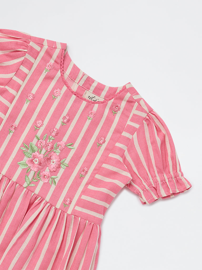 Utsa Kids Girls Pink Striped Tiered Cotton-Blend Dress - (2-8 yrs)