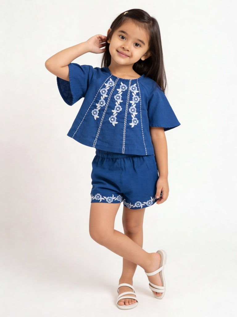 Utsa Kids Girls Indigo Embroidered Cotton Top - (2-8 yrs)