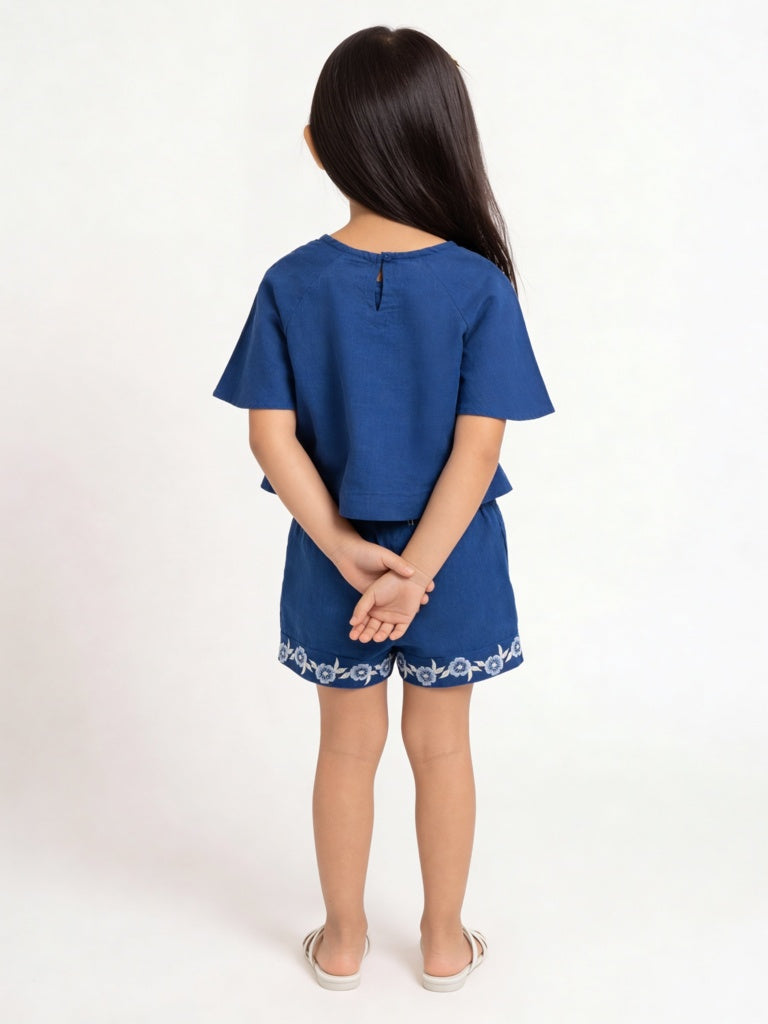 Utsa Kids Girls Indigo Embroidered Cotton Top - (2-8 yrs)