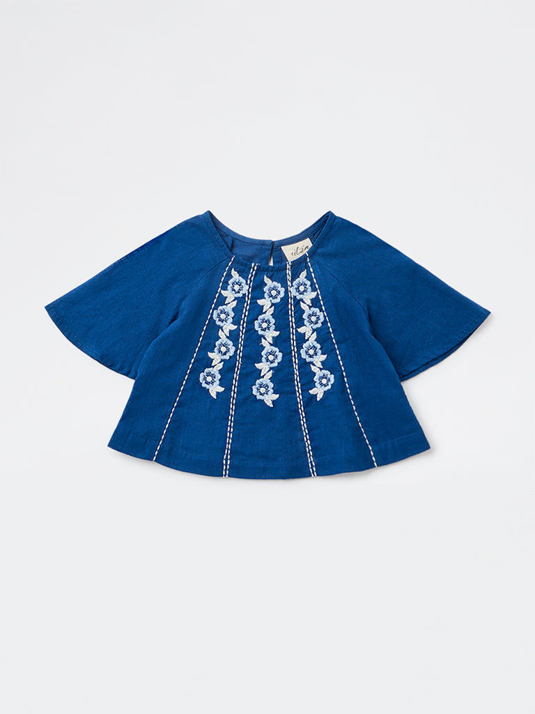 Utsa Kids Girls Indigo Embroidered Cotton Top - (2-8 yrs)