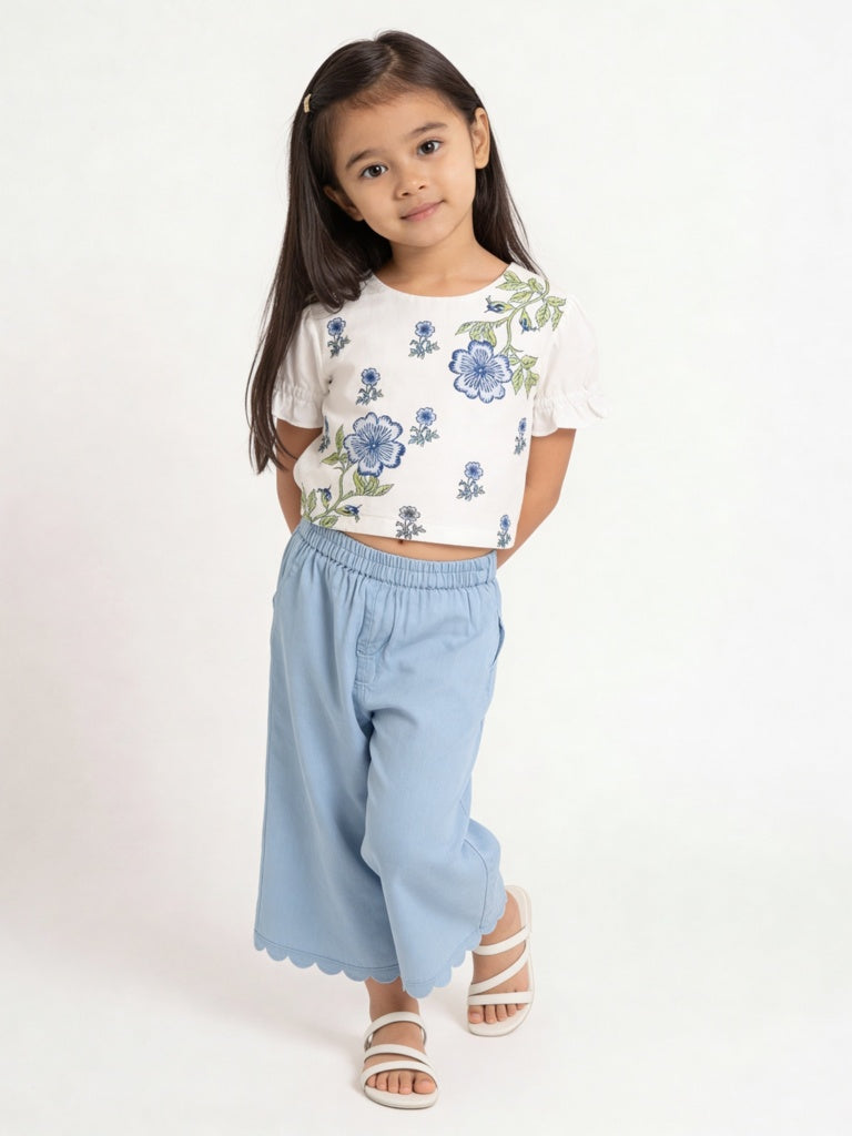 Utsa Kids Girls White Floral Printed Cotton-Blend Top - (2-8 yrs)