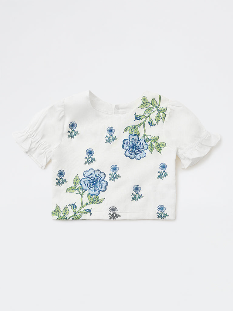Utsa Kids Girls White Floral Printed Cotton-Blend Top - (2-8 yrs)