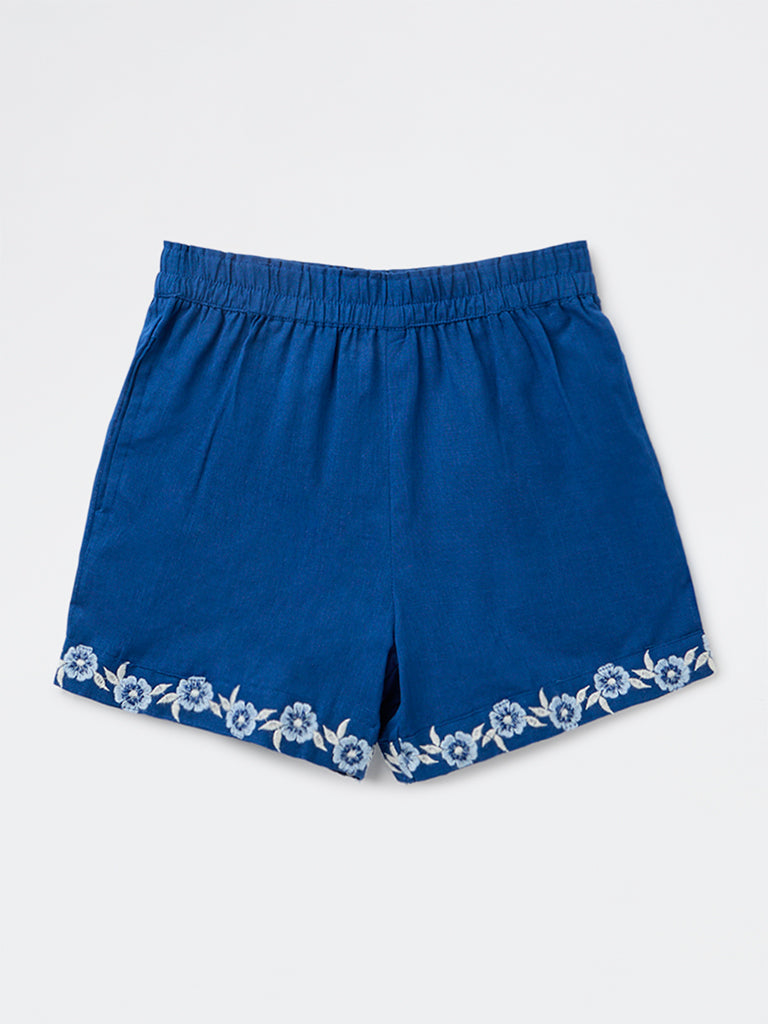 Utsa Kids Girls Indigo Embroidered Mid-Rise Cotton Shorts -(8-14 yrs)