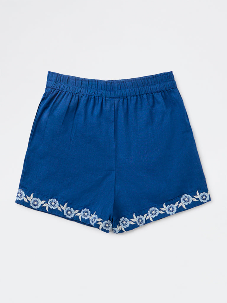 Utsa Kids Girls Indigo Embroidered Mid-Rise Cotton Shorts -(8-14 yrs)