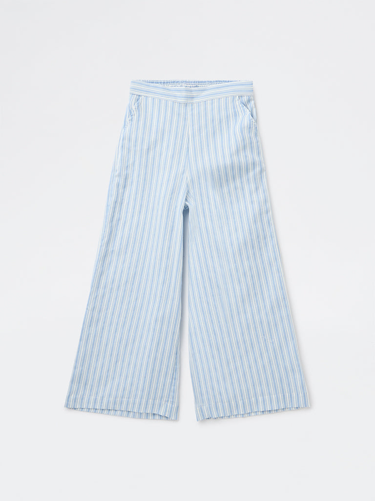 Utsa Kids Girls Light Blue Striped Mid-Rise Cotton-Blend Pants - (8-14 yrs)