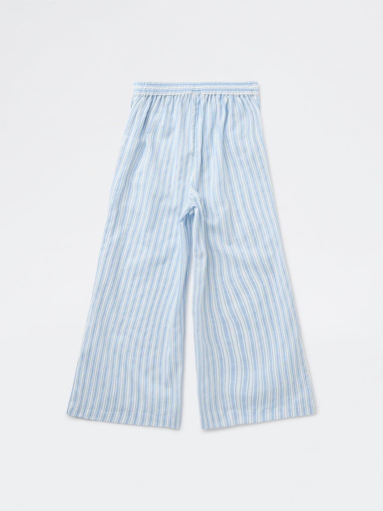 Utsa Kids Girls Light Blue Striped Mid-Rise Cotton-Blend Pants - (8-14 yrs)