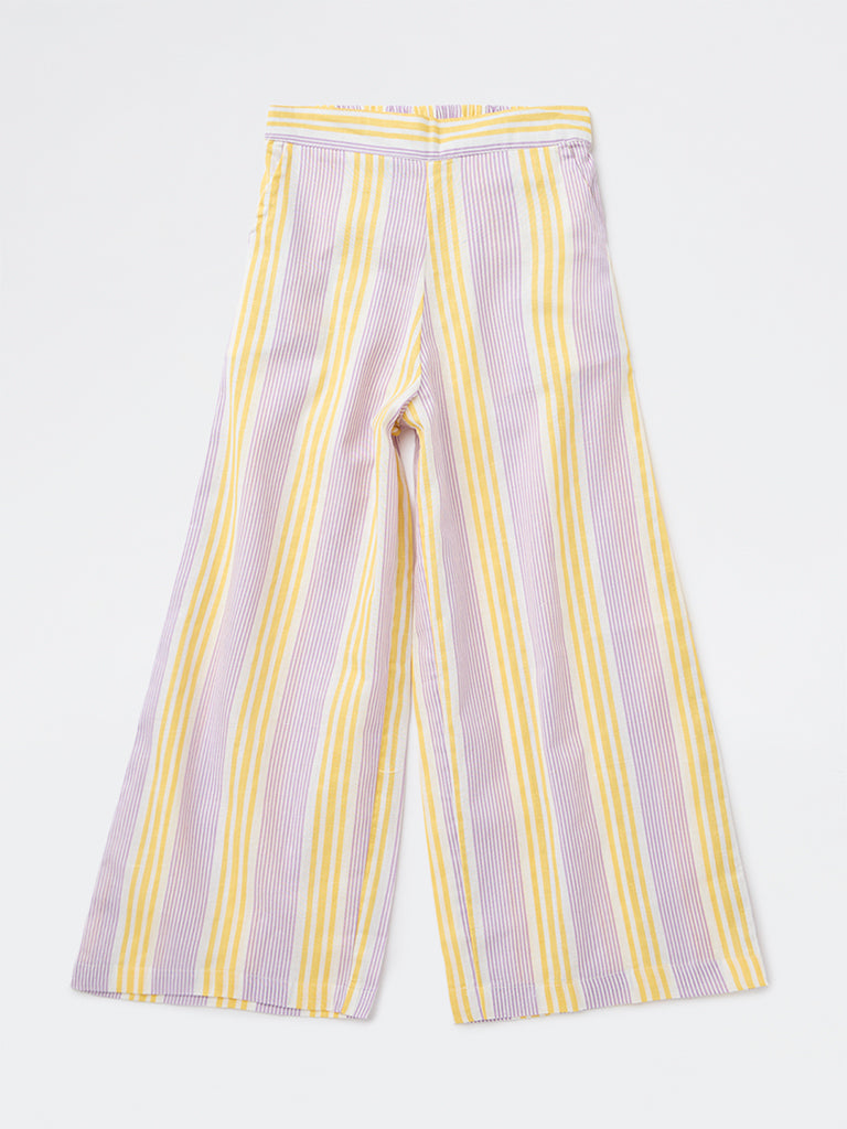 Utsa Kids Girls Lilac Striped Mid-Rise Cotton-Blend Pants - (8-14 yrs)