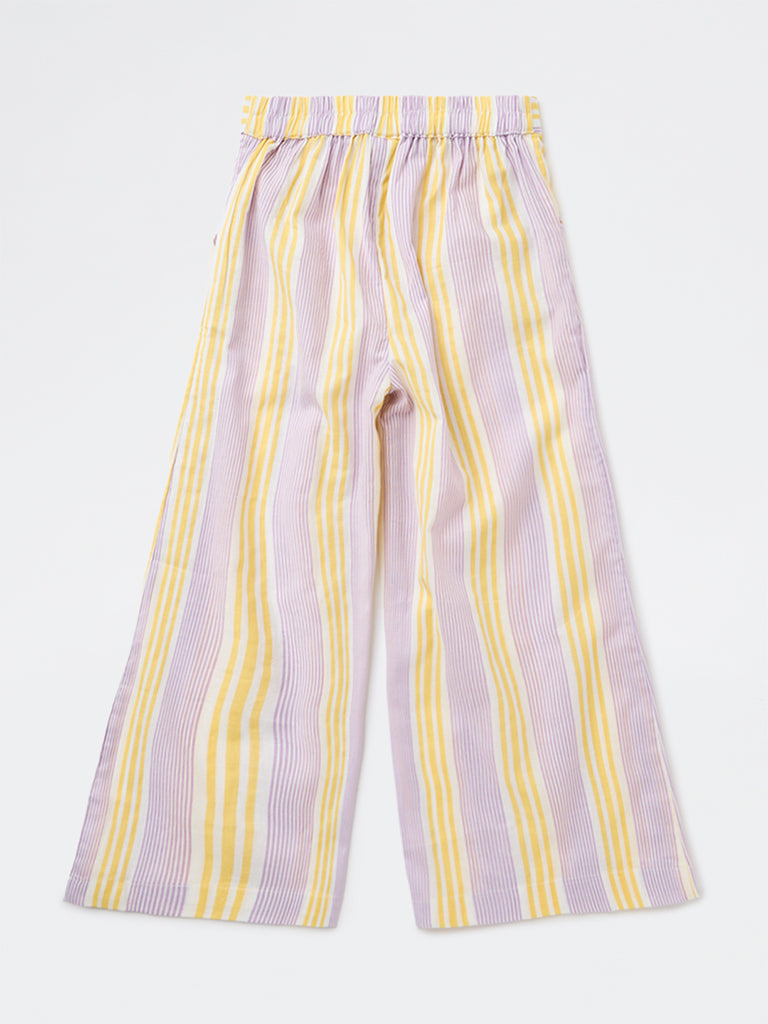 Utsa Kids Girls Lilac Striped Mid-Rise Cotton-Blend Pants - (8-14 yrs)