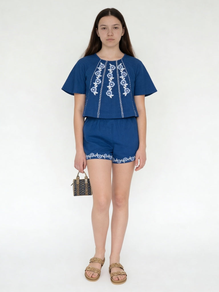 Utsa Kids Girls Indigo Embroidered Cotton Top - (8-14 yrs)