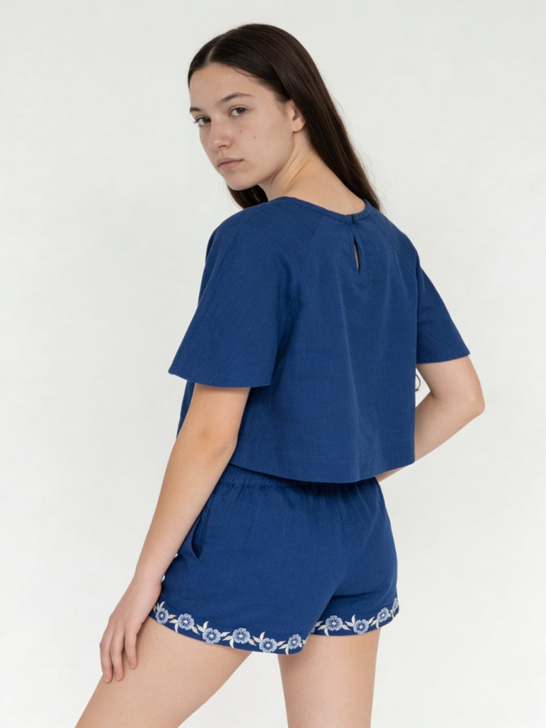 Utsa Kids Girls Indigo Embroidered Cotton Top - (8-14 yrs)