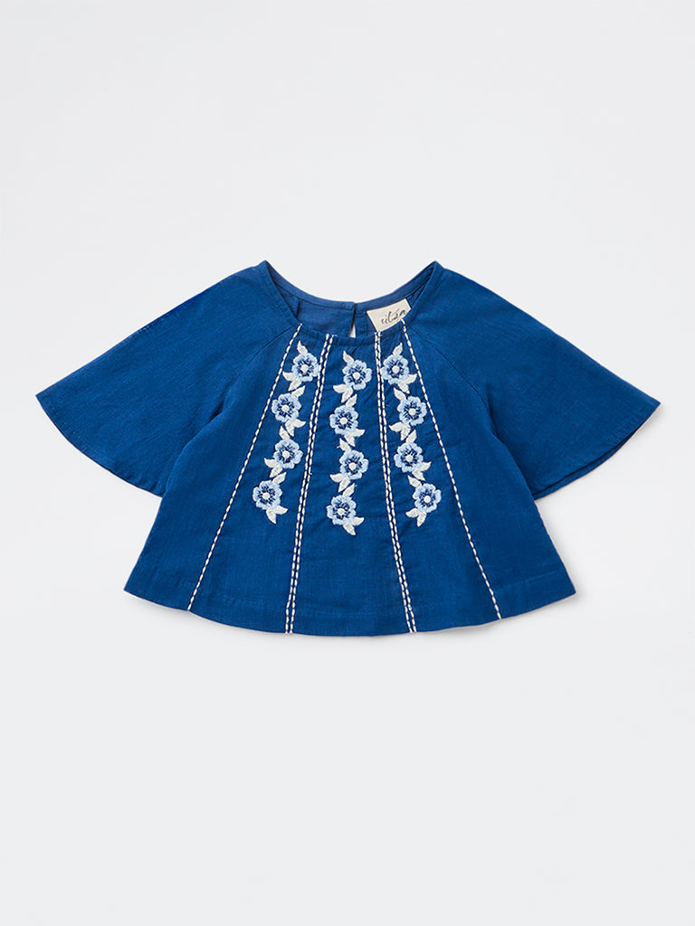 Utsa Kids Girls Indigo Embroidered Cotton Top - (8-14 yrs)