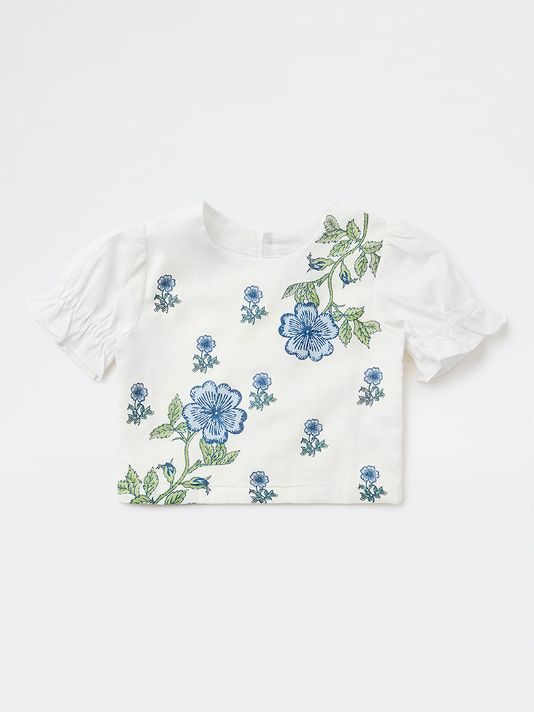 Utsa Kids Girls White Floral Printed Cotton-Blend Top - (8-14 yrs)