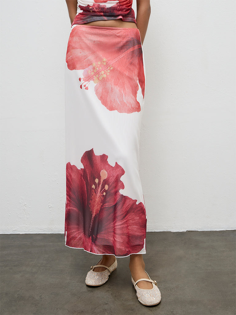 Nuon White Floral Printed High-Rise Skirt