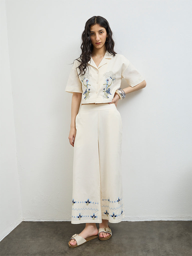 Bombay Paisley Cream Floral Embroidered Cotton-Blend Pants