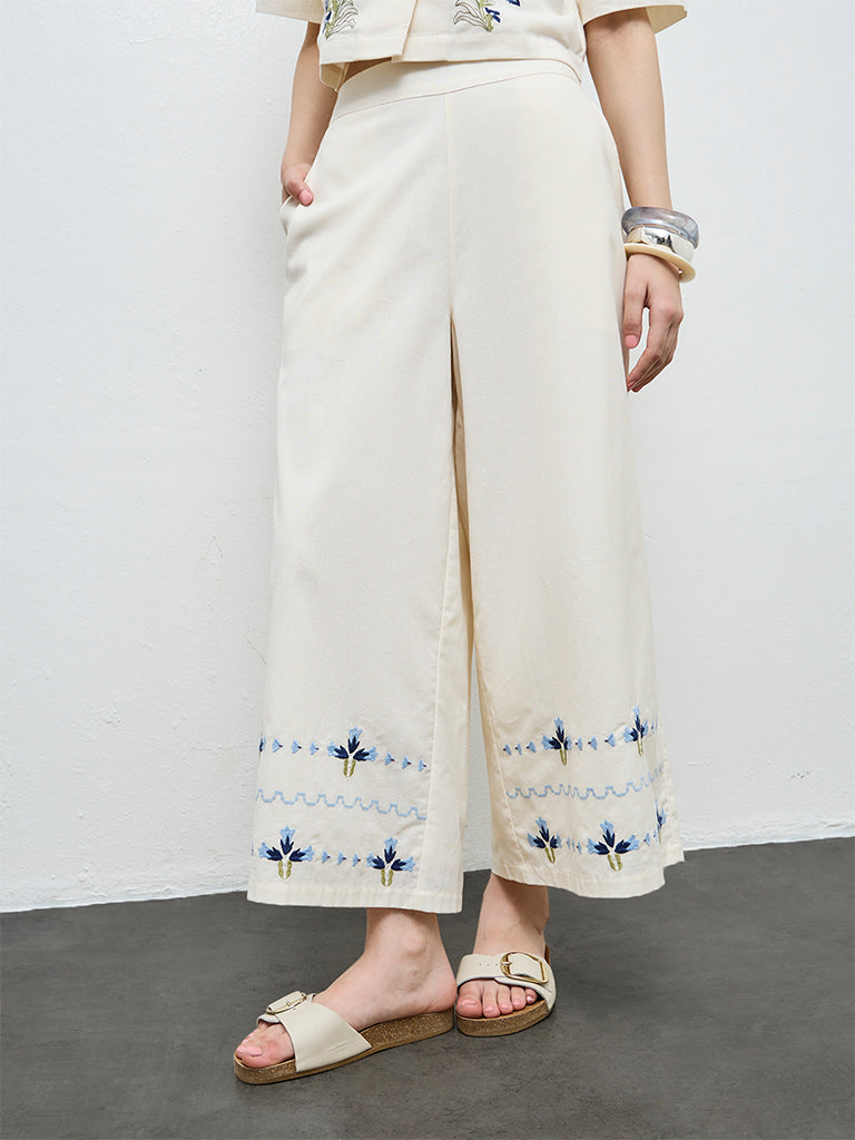 Bombay Paisley Cream Floral Embroidered Cotton-Blend Pants